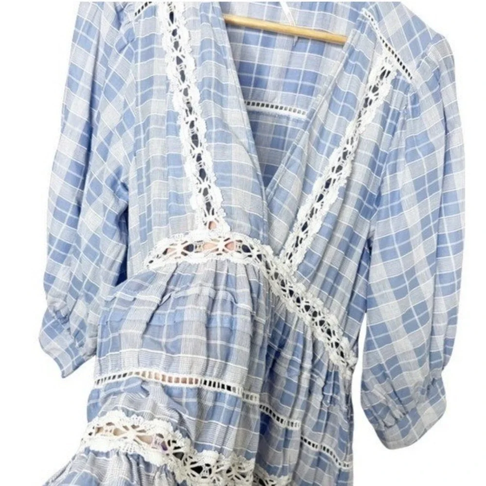Free People Blue White Plaid Crochet Lace Tiered Babydoll‎ Tunic Top S/P Womens